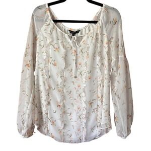 WHBM Womens Floral Ruffle Sheer Blouse Romantic Cottagecore Feminine Pastel Chic
